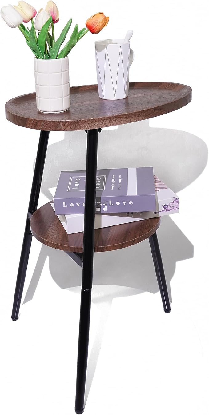Side Table Small End Table, Oval & Round Wood Sofa Table, 2-Tier Accent Table Nightstand Bedside Table with Metal Frame for Living Room, Bedroom, Small Spaces (Rustic Brown)