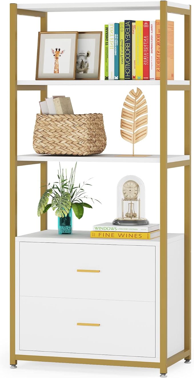 Tribesigns Bookcase, 4-Tier Bookshelf with 2 Drawers, Etagere Standard Book Shelves Display Shelf for Home Office (Gold/White)