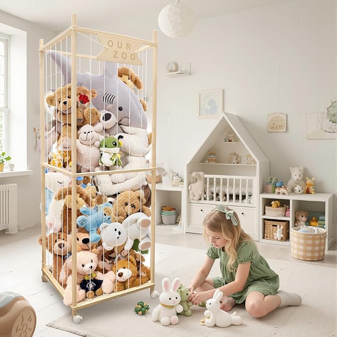 Stuffed Animal Storage Zoo with Wheels, Wooden Large Stuff Animals Plushies Holder Toy Organizer Kids Plush Storage Cage with Elastic Band and Net for Nursery Playroom Corner for Toddler