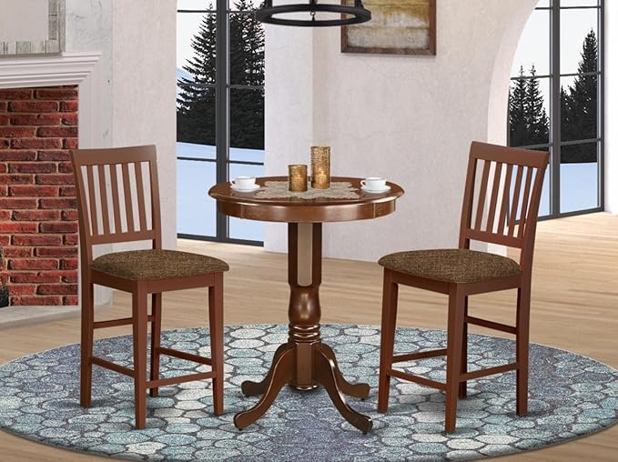 East West Furniture EDVN3-MAH-C 3 Piece Counter Set for Small Spaces Contains a Round Dining Room Table with Pedestal and 2 Linen Fabric Upholstered Chairs, 30x30 Inch, Mahogany