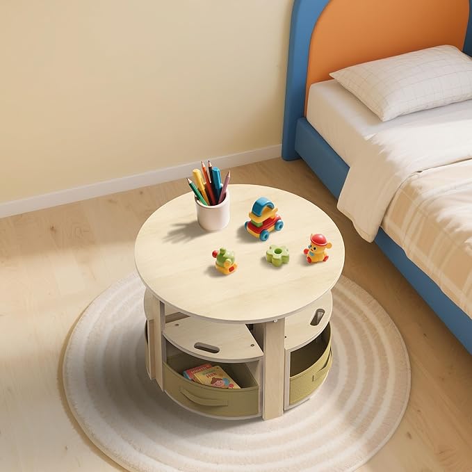 Toddler Table and Chair Set with 3 Storage Stools, Round Shaped Nesting Design, Kids Activity Table for Play/Art/Reading/Craft, Natural