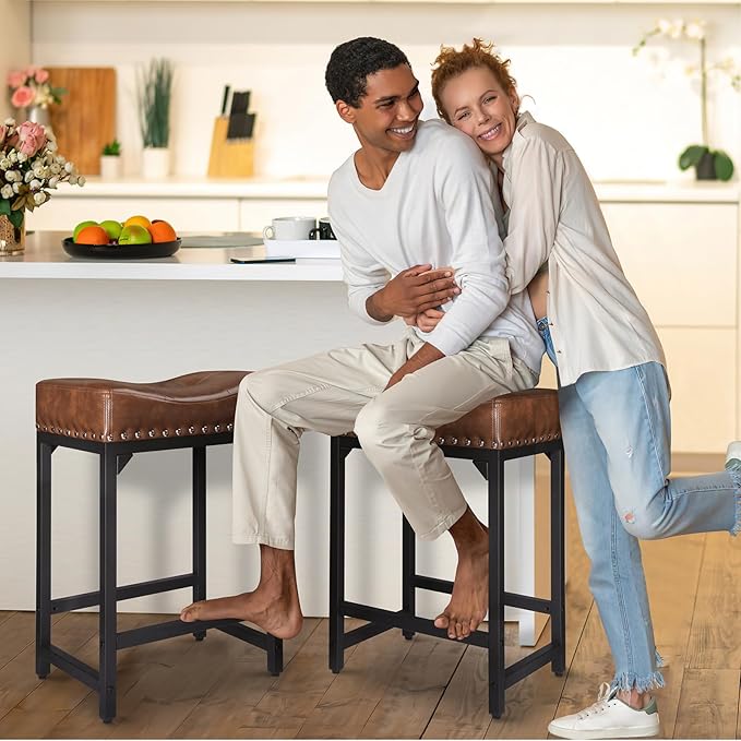 Bar Stools Set of 3, Counter Height Bar Stools for Kitchen Counter, 24 Inch Saddle Backless Barstools Kitchen Stool, Counter Height Stool for Dinning Room, Island-Brown