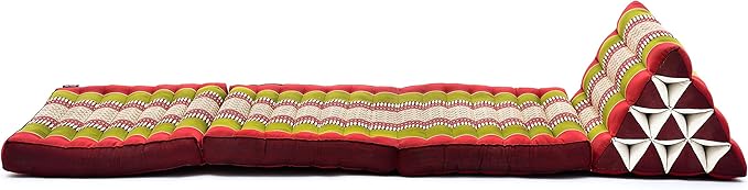 Leewadee - Comfortable Japanese Floor Mattress Used As Thai Floor Bed with Triangle Cushion, Futon Mattress Or Thai Massage Mat, 67 x 21 inches, Green Red