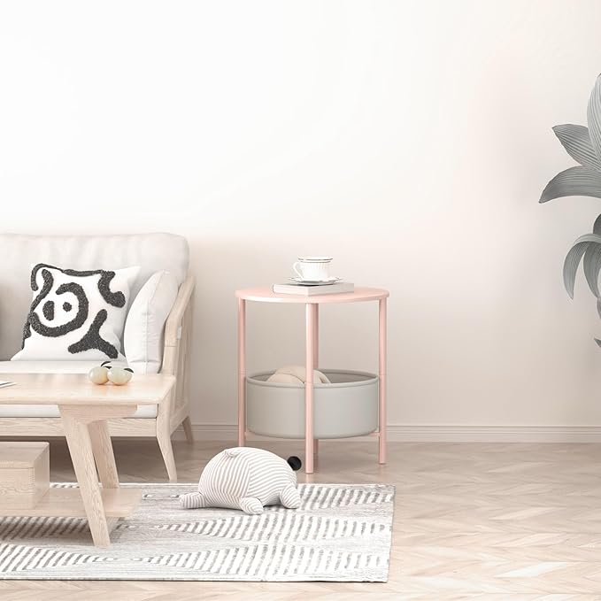 Round End Table with Fabric Basket, Bedside Table with Storage, Morden Round Nightstand, Samll Side Table for Living Room,Bathroom,Bedroom, Nursery, Laundry, Pink