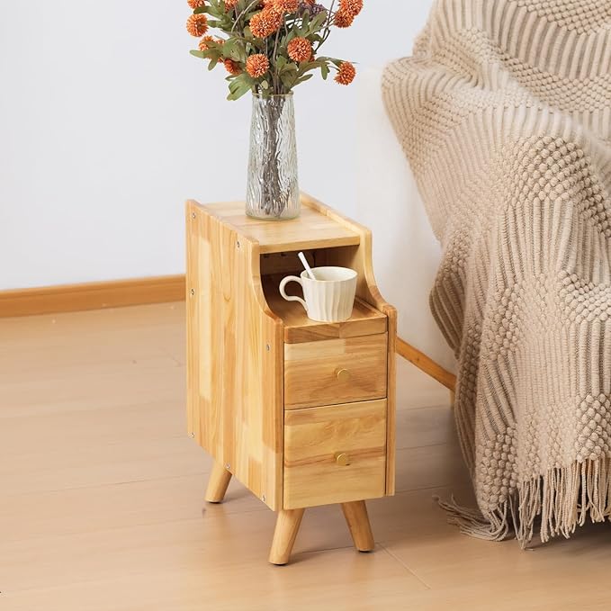Small Nightstand, Narrow Nightstand, Solid Slim Wood Night Stand for Small Spaces, Couch, Nature Color 7.87in Wide