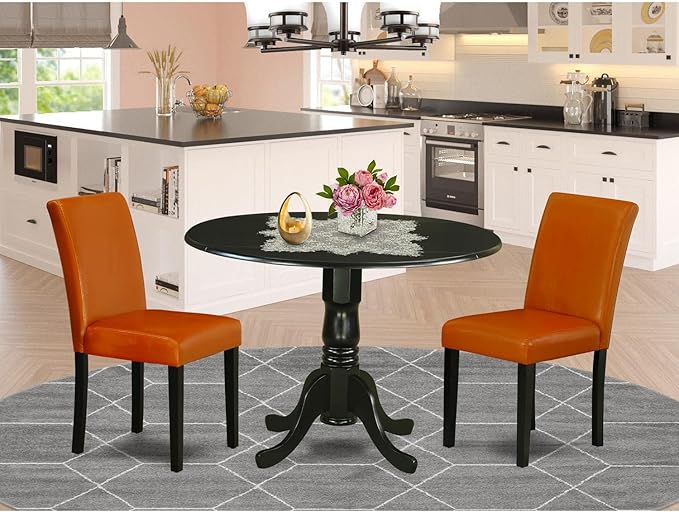 East West Furniture DLAB3-BLK-61 3 Piece Kitchen Table & Chairs Set Contains a Round Dining Room Table with Dropleaf and 2 Baked Bean Faux Leather Upholstered Chairs, 42x42 Inch, Black
