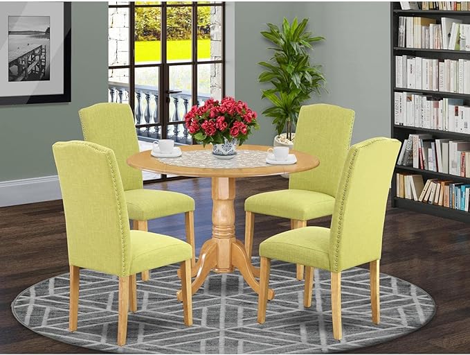East West Furniture DLEN5-OAK-07 5 Piece Kitchen Table & Chairs Set Includes a Round Dining Table with Dropleaf and 4 Limelight Linen Fabric Parson Dining Chairs, 42x42 Inch, Oak