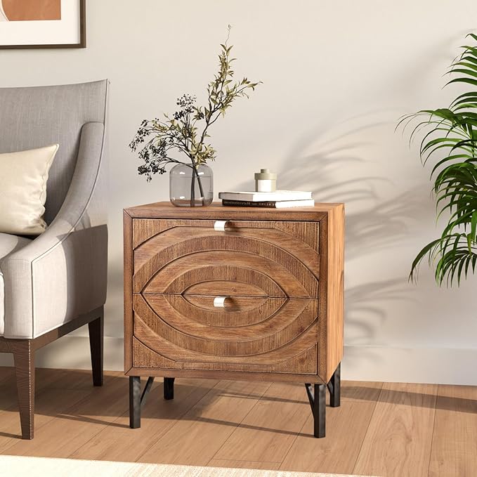 COSIEST Vintage Nightstands Set of 2, Bedside Tables with 2 Storage Drawers, Rustic End Tables for Bedroom and Living Room, Easy to Assemble (Brown, Circle Pattern)