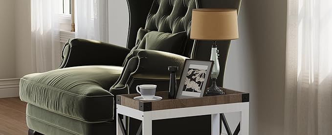 Narrow Side Table, Farmhouse End Table with Charging Station for Small Spaces, with 2 USB and 2 Power Outlets, 21.7" L x 10" W x 21.7" H