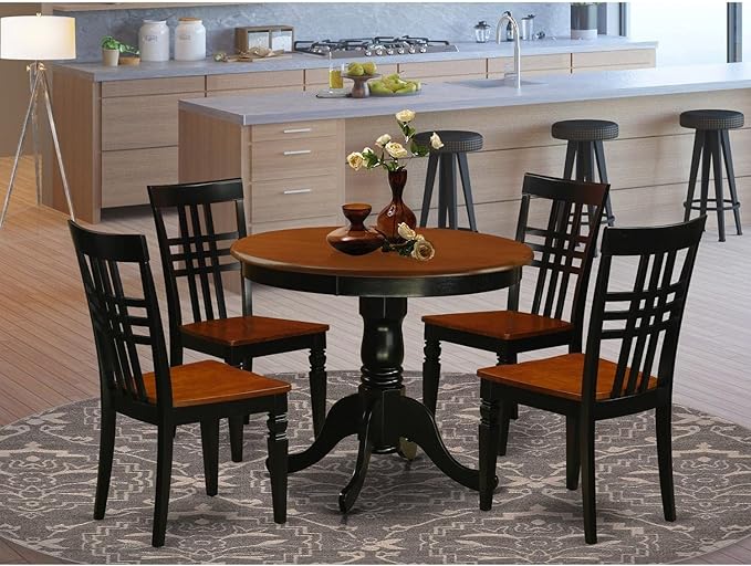 East West Furniture ANLG5-BCH-W 5 Piece Modern Dining Table Set Includes a Round Kitchen Table with Pedestal and 4 Kitchen Dining Chairs, 36x36 Inch, Black & Cherry