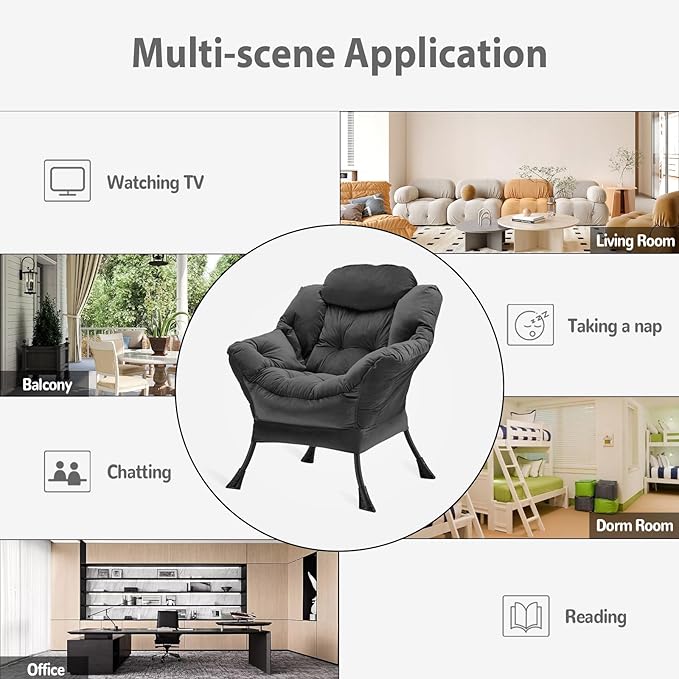 Lazy Chair Thick Padded, Comfy Velvet Accent Lounge Chair with Stable Frame, Leisure Sofa Armchair with Armrests and Side Pocket, Reading Chair for Bedroom, Living Room, Office, Charcoal