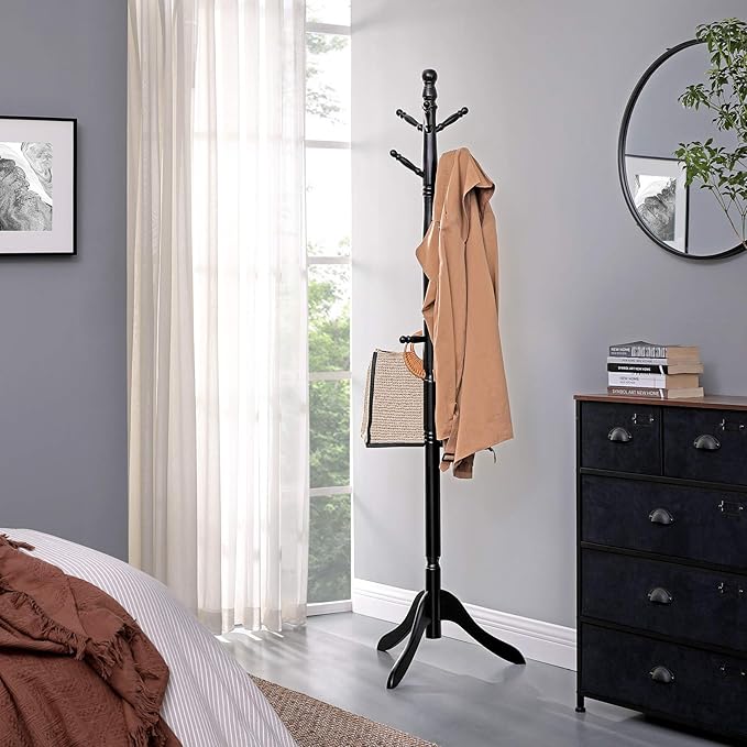 VASAGLE Solid Wood Coat Rack and Stand, Free Standing Hall Coat Tree with 10 Hooks for Hats, Bags, Purses, for Entryway, Hallway, Rubberwood, Ink Black URCR003B01