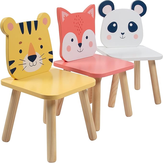 Kids Wooden Animal Table & Chair Set w 4 Seats- Tiger Panda & Fox Plus Adult Stool for Arts Crafts, Dining, Pretend Play- Durable Playroom Furniture for Home Daycare Classroom- Toddler Activity Center