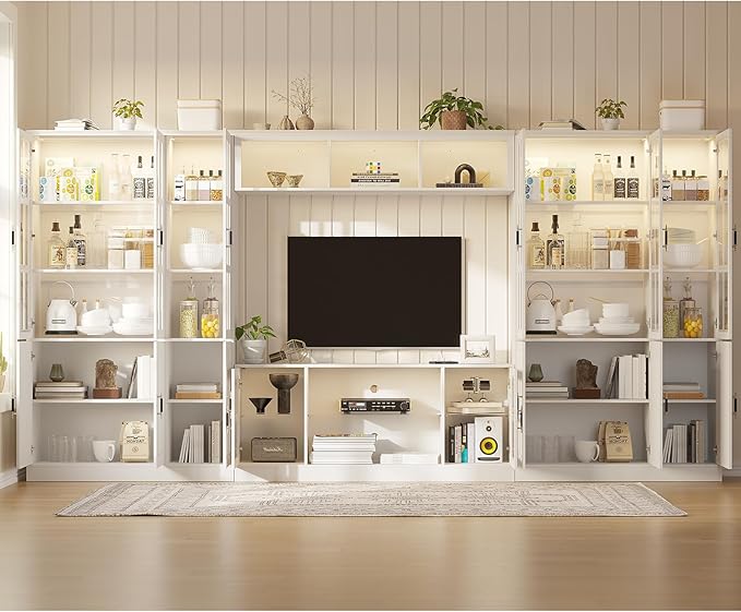 4-Piece Wall Unit TV Stand with Storage & LED Lights for TVs up to 75", Modern Entertainment Center with Bookshelves & 6-Door Pantry Cabinet, White