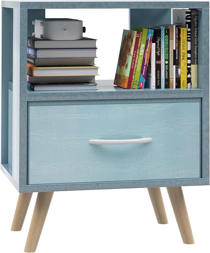 Night Stand, Blue Kids Nightstand with Drawer, Nursery Side Table with Open Storage, 2-Tier Modern End Table, Bedside Table for Small Space, Living Room, Bedroom