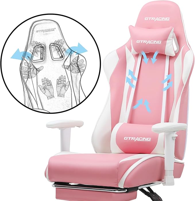GTRACING Gaming Chair with Footrest, Ergonomic Computer Game Desk Chair, Reclining Gamer Chair Seat Height Adjustment, Swivel Rocker with Headrest and Lumbar (Pink)