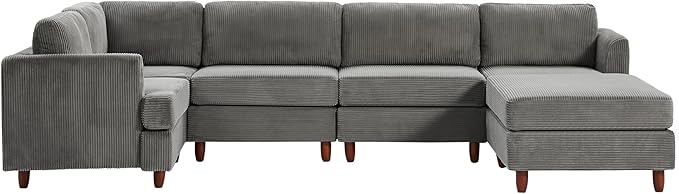 127.5" L/U-Shaped Sectional Couch with Movable Ottoman & 6 Removable Back Cushion, Corduroy Fabric Upholstered 6 Seat Modular Sleeper Sofa,DIY Free Combination Couches for Living Room,Grey