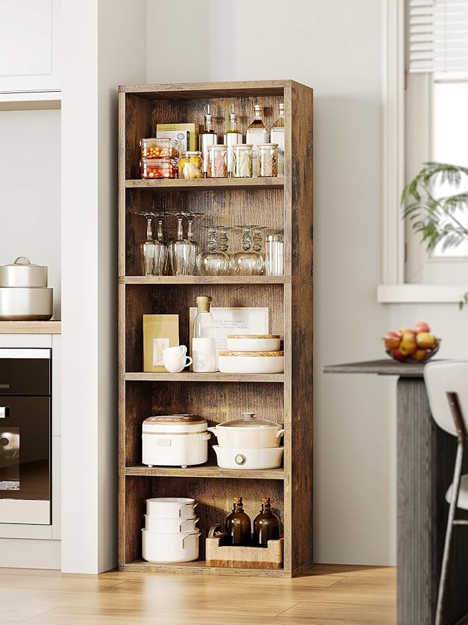 Casaottima 5-Tier Open Bookshelf and Bookcase, Floor Standing Display Storage Shelves for Living Room, Tall Book Shelf for Bedroom, Home Office, Dining Room, Vintage