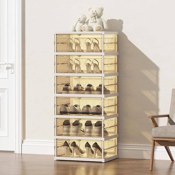 ELPHECO Foldable Shoe Rack 6 Tier Plastic Shoe Organizer, 12 Tiers Folding Shoe Cabinet with Doors, Entryway Shoe Shelf, Stackable Sneaker Cabinet Bins, Collapsible Clear Shoe Box, Easy Assembly