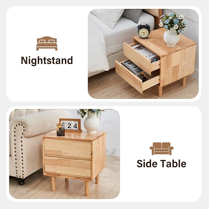 CozyDH Natural Wood Nightstand with Drawers, Solid Wood Nightstand End Table, 19" Bedside Table for Bedroom, Sofa Side Table with Wooden Legs Living Room