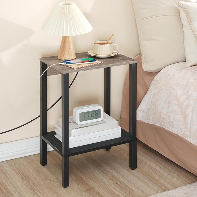 HOOBRO Side Table with Charging Station, Set of 2 End Tables with USB Ports and Outlet, Nightstand with 2-Tier Storage Shelf, for Living Room, Bedroom, Small Space, Greige and Black BG91UBZP201
