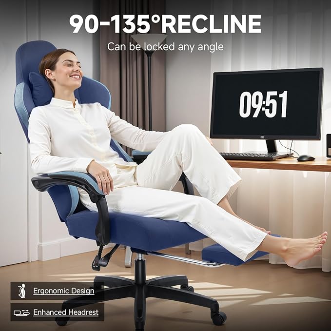 GTPLAYER Office Chair, Gaming Computer Desk Fabric Chair with Footrest, High Back Ergonomic Office Chair with Pocket Spring Lumbar Support and Linkage Armrests Adjustable Height Swivel for Home Task