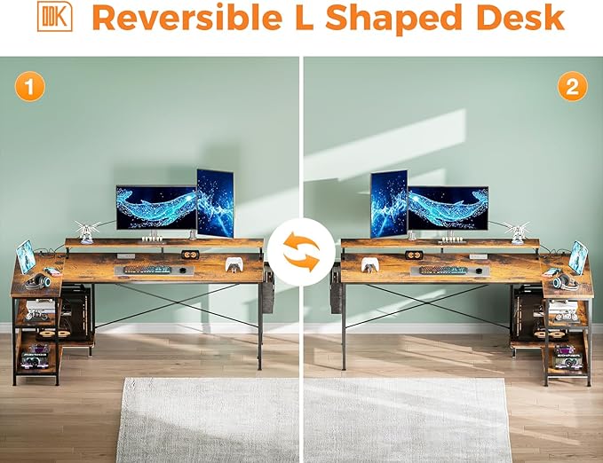 ODK 66 Inch Gaming Desk with USB Charging Ports and LED Lights, Reversible L Shaped Computer Desk with Storage Shelves & Monitor Stand, Home Office Desk Table with Power Outlets, Vintage