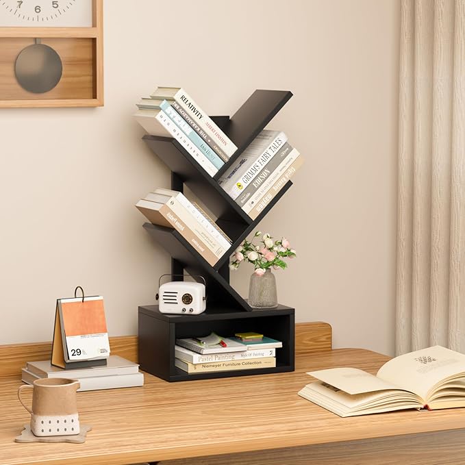 Small Tree Book Shelf,5 Tier Black Tree Bookshelf,Black Desktop Bookcase,Modern Desk Display Storage Bookshelves,Floor Standing Organizer Bookcases for Living Room,Bedroom,Office