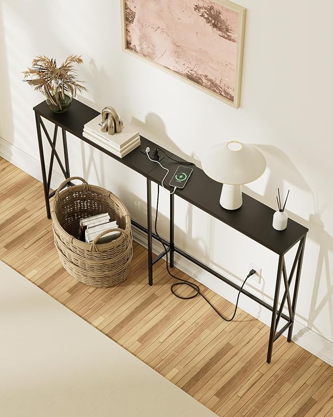 Masupu 63" Console Table with Power Outlet, Modern Narrow Long Sofa Table Behind Couch, Skinny Entry Table, Industrial Sofa Table with Metal Frame for Hallway, Living Room, Classic Black