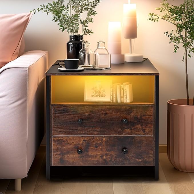 27 Inch Wide Night Stand, Large Wood Night Stand Set 2 with 2 Drawers, LED Nightstand with Charging Station and Adjustable Drawer, Bedside Table for Living Room/Bedroom/Study/Office, Retro.