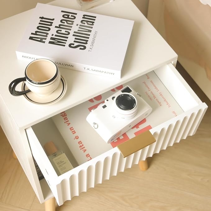 White Nightstand, Modern Bedside Table with Drawer and Opening Storage, Fluted End Side Table Living Room with Solid Wood Legs for Bedroom (White)