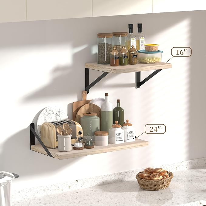 SAUMONIER Floating Shelves Bookshelf for Bedroom Bathroom Living Room Wood Wall Mounted Wide Deep Storage, Rustic Torched 24 Inch Shelves Set of 2