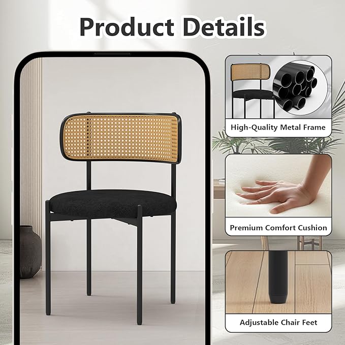 Mid Century Modern Dining Chairs Set of 4 with Rattan Backrest,Velvet Upholstered Accent Kitchen & Dining Room Chairs with Sturdy Metal Frame,Black