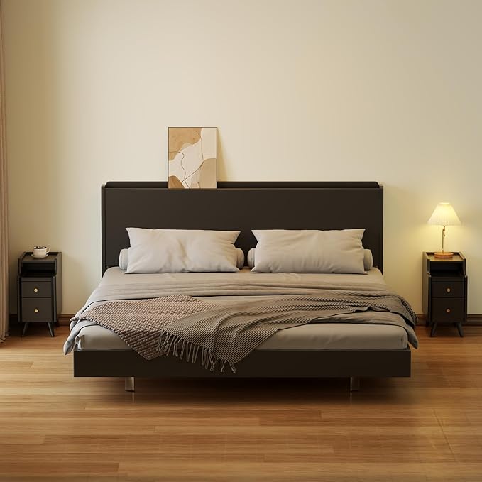 Small Nightstand with Drawers, Solid Wood Bedside Table, Narrow Walnut Nightstand for Bedroom