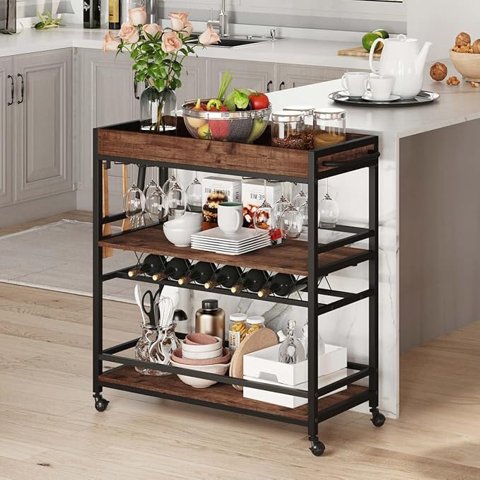 BON AUGURE Bar Cart for The Home, Rolling Home Bar Serving Cart on Wheels, 3 Tier Liquor Beverage Carts with Wine Rack and Glass Holder (Rustic Oak)