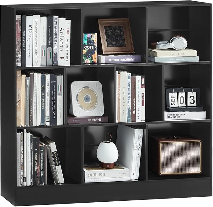 YAHARBO Black Wide Bookshelf,3 Tier Modern Horizontal Bookcase,Wood Low Bookshelves Display Storage Cabinet with Base,Floor Standing 10 Cube Large Bookcases Organizer for Bedroom,Living Room,Office