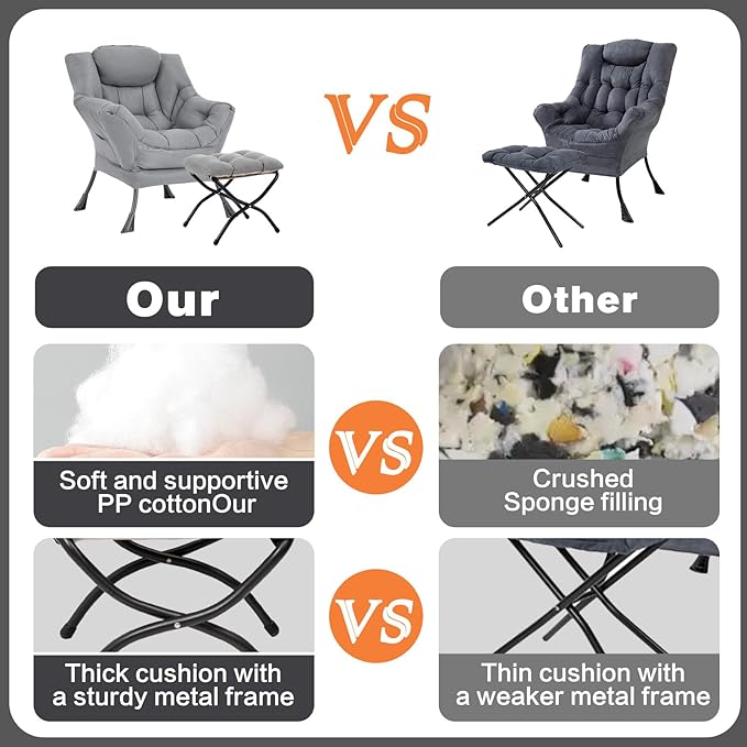Lazy Chair with Ottoman, Large Modern Lounge Accent Chair with Armrests and Footrest, Reading Armchair with Ottoman, Leisure Sofa Chair for Living Room, Bedroom, Dorm Room (Light Grey)
