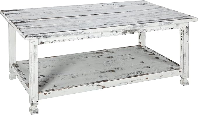 Country Cottage 42-Inch Farmhouse Coffee Table with Storage Shelf and White Antique Finish for Living Room or Family Room by Alaterre Furniture