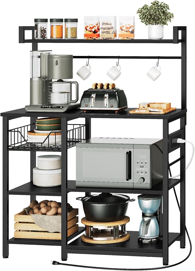 HOOBRO Kitchen Bakers Rack with Power Outlet, Coffee Bar, Microwave Oven Stand with Mesh Basket, Coffee Station with 4 S-Shaped Hook, Kitchen Shelf, for Dining Room, Living Room, Black BB05HB01