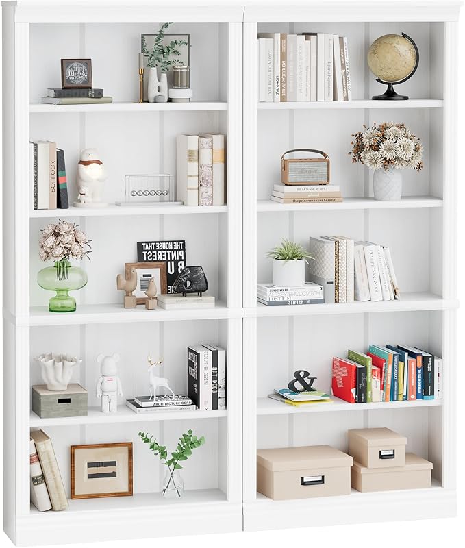 YESHOMY 72" Bookcase and Bookshelf, 5-Tier Wood Bookcases with Shelves, Tall Floor Standing Book Shelf Storage Cabinet Home Decor Furniture for Living Room, Home Office, White, 2 PCS
