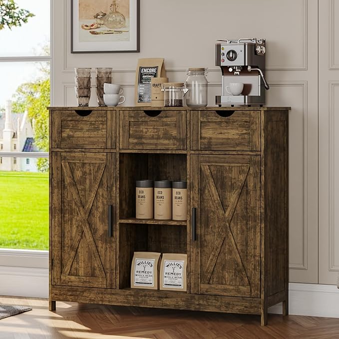 Storage Cabinet, Coffee Bar Cabinet with 2 Adjustable Shelves, 3 Drawers, and 2 Doors, for Bathroom, Kitchen, Living Room (Retro)
