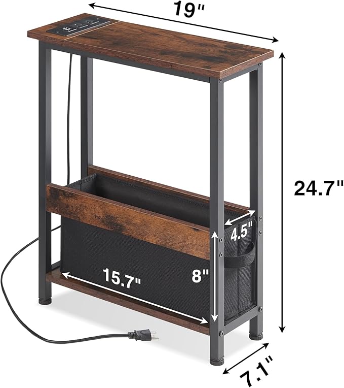 Slim Charging End Table with Storage - For Small Spaces and Bedroom