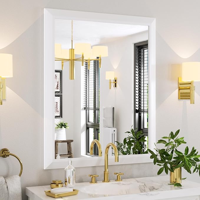 Amorho Bathroom Mirror, 40X32 Inch White Thick Metal Framed Wall Mirrors for Vanity, Bedroom, Living Room, Entryway, Rectangle Wall-Mounted Mirrors(Horizontal/Vertical).