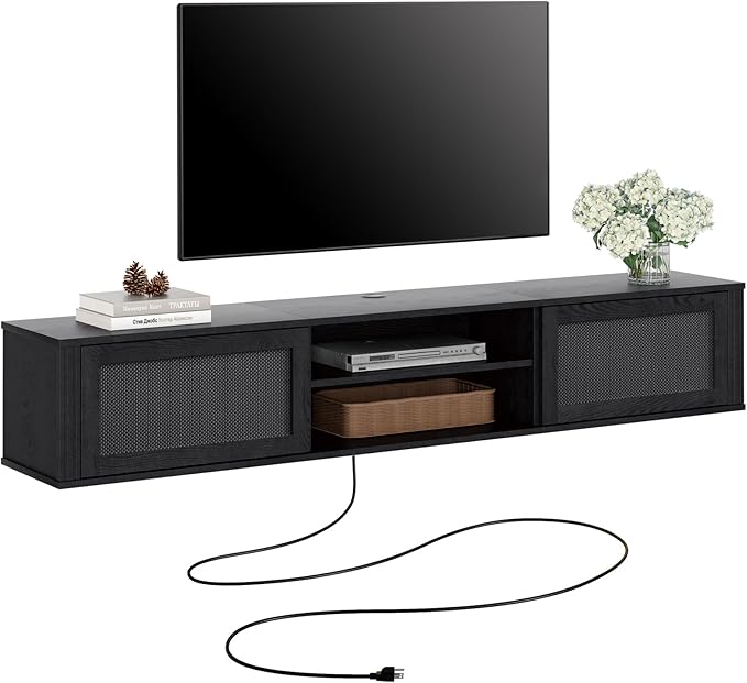 WAMPAT 70" Floating TV Stand with Power Outlet, 2-Tier Wood Media Console Entertainment Center with 2 Rattan Doors, Modern Wall Mounted TV Shelf Cabinet for Under TV, Living Room, Bedroom, Black