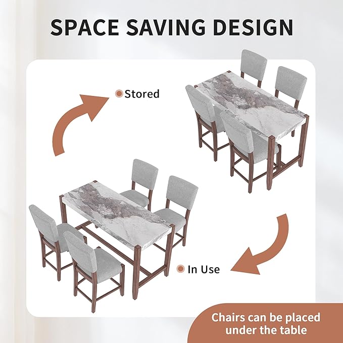 Ball & Cast 5-Piece Dining Table Set for 4,Kitchen Table Set W/Faux Marble Bar Table,Counter Height Living Room Furniture W/ 4 Upholstered Chairs,for Dining Room,Pub Kitchen,Small Place,Gray+White
