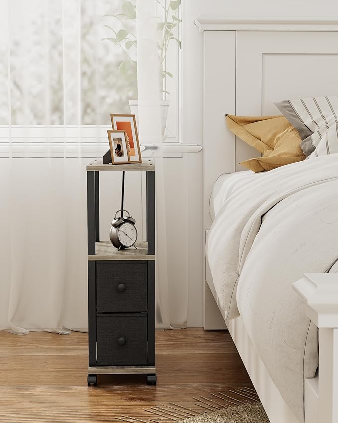 TUTOTAK Small Narrow End Tables, Side Tables with 2 Fabric Drawers, Set of 2, Bedside Tables with Charging Station for Small Spaces, Slim Nightstands with USB Ports and Wheels, TB01BG053