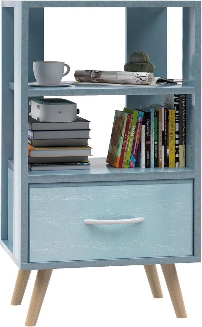 Night Stand, Blue Kids Nightstand with Drawer, Nursery Side Table with Open Storage, 3-Tier Modern End Table, Bedside Table for Small Space, Living Room, Bedroom