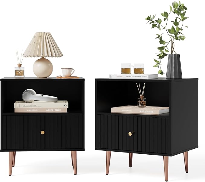 Black Night Stand Set 2,Modern Bedside Table with Door and Open Storage,Fluted Nightstand and Wood End Side Table with Rose Gold Metal Legs and Handles for Bedroom,Living Room,Black