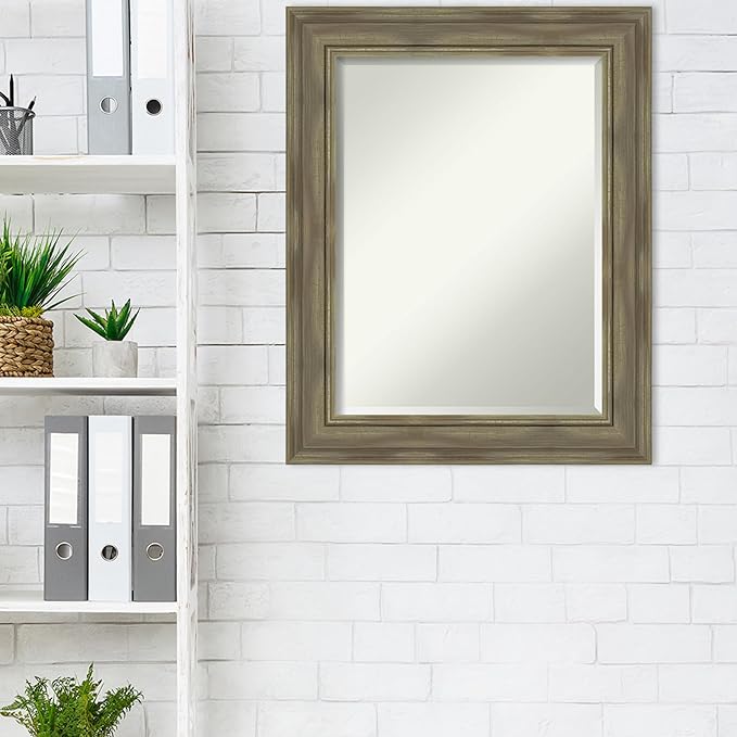 Amanti Art Grey Wall Mirror 30x24 Alexandria Greywash Rectangle Bathroom Mirror for Wall Decor Living Room, Medium Country Rustic Wood Frame, Hangs Horizonally and Vertically, Bathroom Decor, Beveled