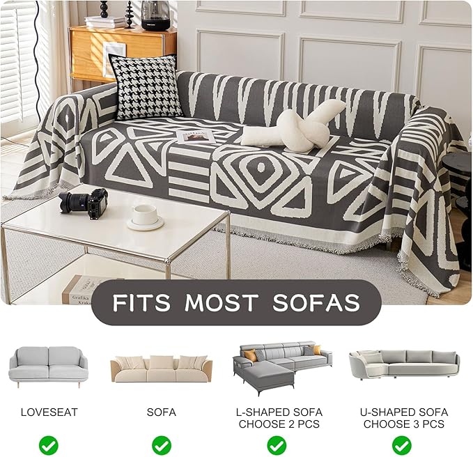STACYPIK Boho Dark Grey Couch Cover, Soft Reversible Chenille Sofa Cover for Dog, Anti-Slip Pet Protector for 3 Cushion Couch, Washable Loveseat Couch Cover for Sectional, Decorative Blanket-71X134IN